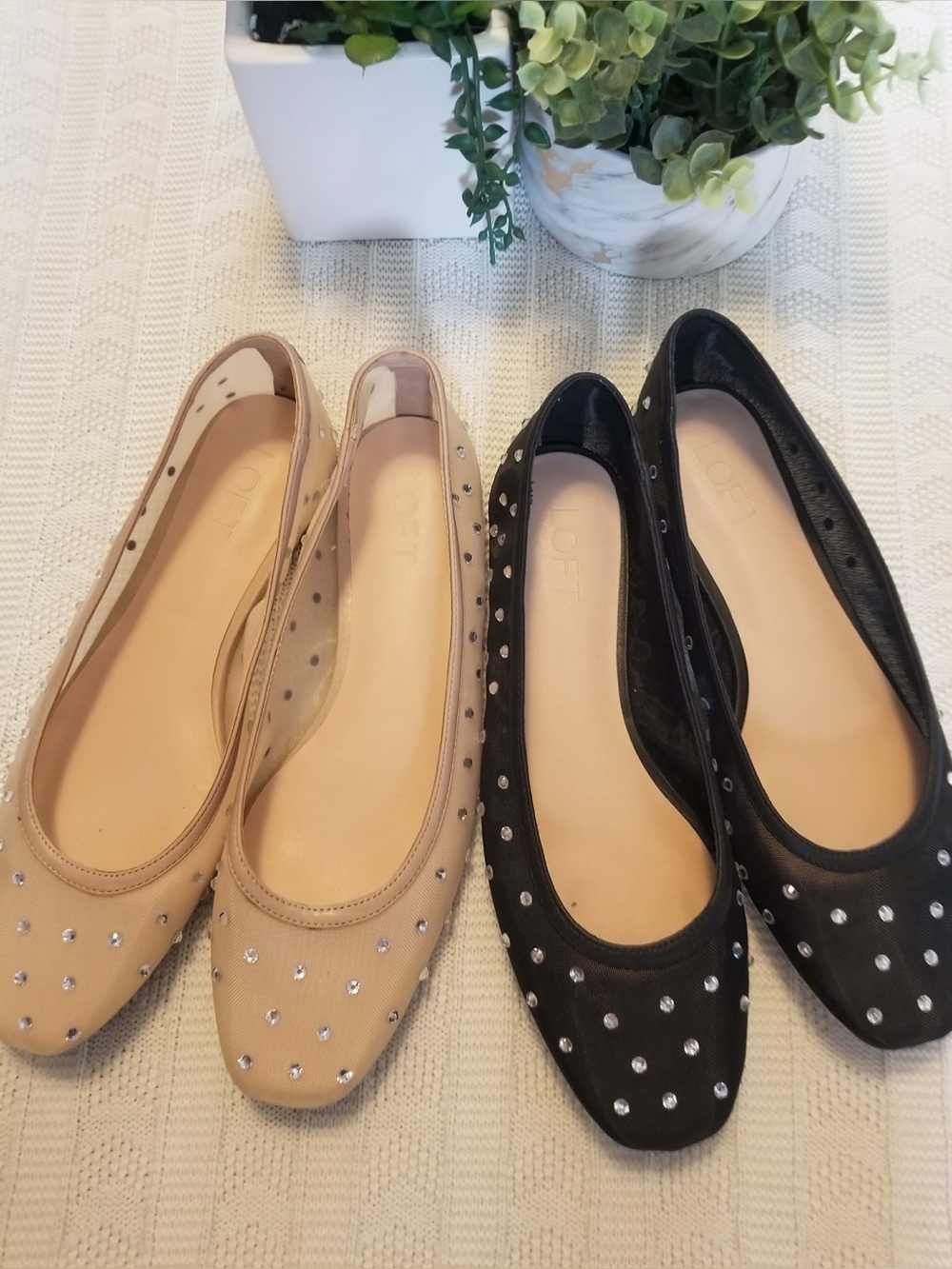 Loft Stud-Embellished Leather Ballet Flats in Beige and Black